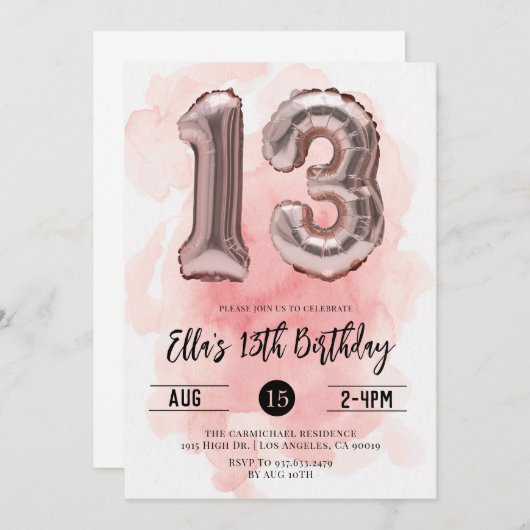 13e verjaardag Blush Roze Uitnodiging (Voorkant / Achterkant)