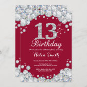13e verjaardag Burgundy Red en Silver Diamond Kaart (Voorkant / Achterkant)