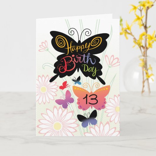 13e verjaardag Butterlies Hand Lettering Kaart (Gele Bloem)