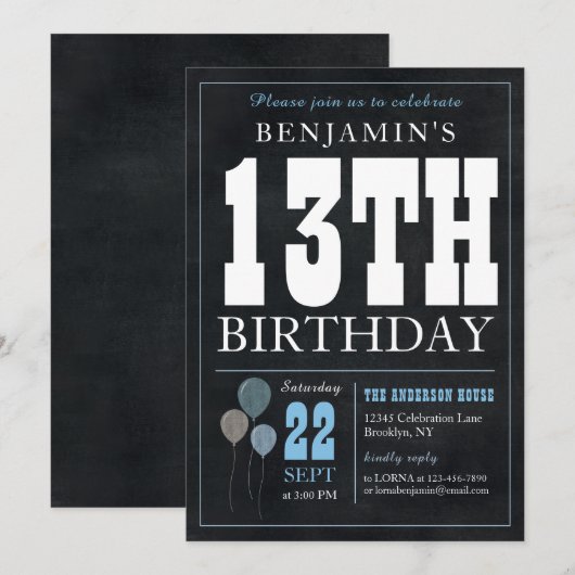 13e verjaardag Chalkboard Blauwe ballon Rustic Chi Kaart (Voorkant / Achterkant)