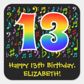 13e verjaardag: Colorful Music Symbols, Rainbow 13 Vierkante Sticker (Voorkant)
