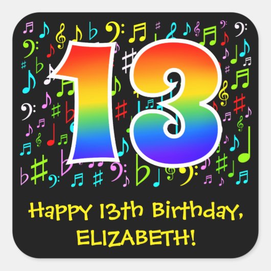 13e verjaardag: Colorful Music Symbols, Rainbow 13 Vierkante Sticker (Voorkant)