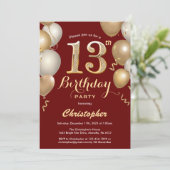 13e verjaardag Dark Red en Gold Balloons Confetti Kaart (Staand voorkant)