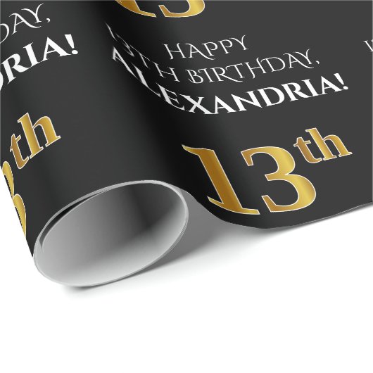 13e verjaardag: Elegant, zwart, Faux Gold look Cadeaupapier (Rol Hoek)