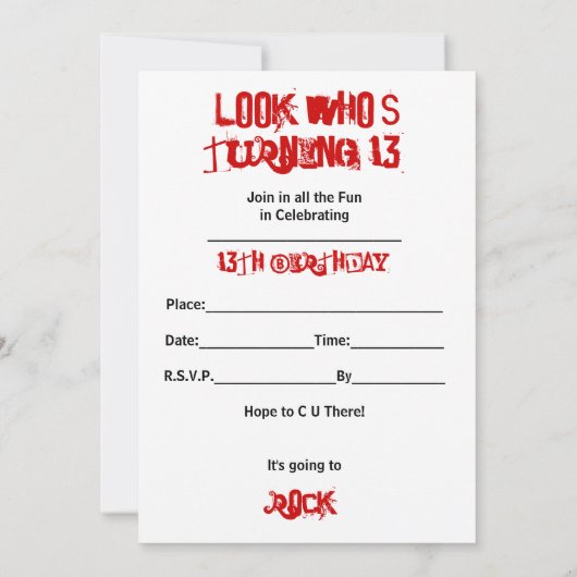 13e verjaardag, elektrisch gitaar, rood/wit/zwart kaart (Achterkant)
