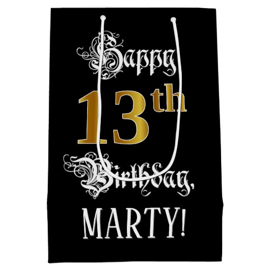 13e verjaardag ~ Fancy script; Faux Gold look; naa Medium Cadeauzakje (Achterkant)