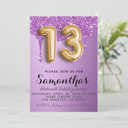 13e verjaardag Faux Glitter Uitnodiging (Staand voorkant)