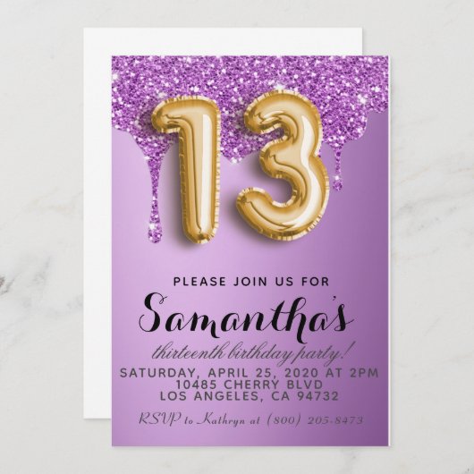 13e verjaardag Faux Glitter Uitnodiging (Voorkant / Achterkant)