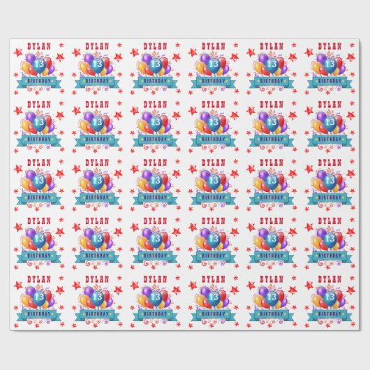 13e verjaardag Feestelijke Ballonnen en Rode Sterr Cadeaupapier (Vlak)