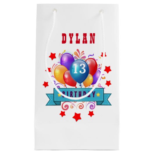 13e verjaardag Feestelijke Ballonnen en Rode Sterr Klein Cadeauzakje (Voorkant)