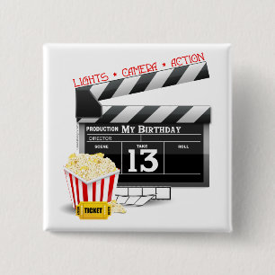 13e verjaardag filmpartij vierkante button 5,1 cm