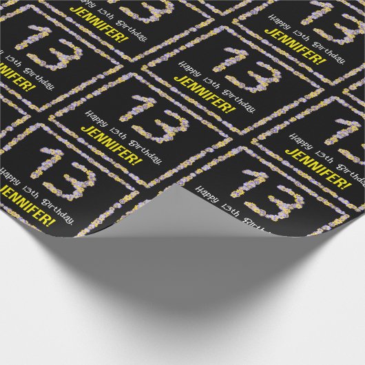 13e verjaardag: Floral Flowers Number, Custom Name Cadeaupapier (Hoek)