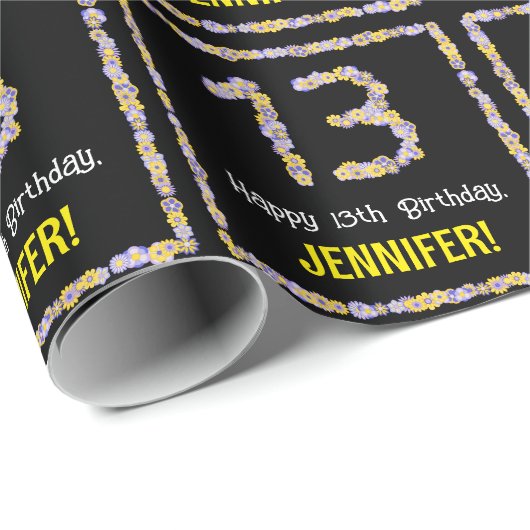 13e verjaardag: Floral Flowers Number, Custom Name Cadeaupapier (Rol Hoek)