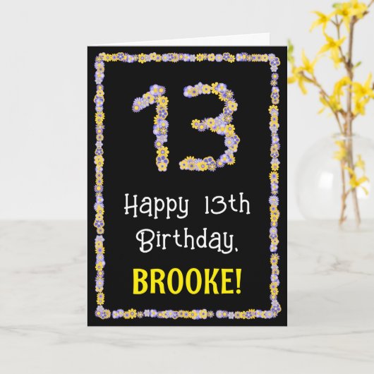 13e verjaardag: Floral Flowers Number, Custom Name Kaart (Gele Bloem)