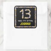 13e verjaardag: Floral Flowers Number, Custom Name Vierkante Sticker (Tas)