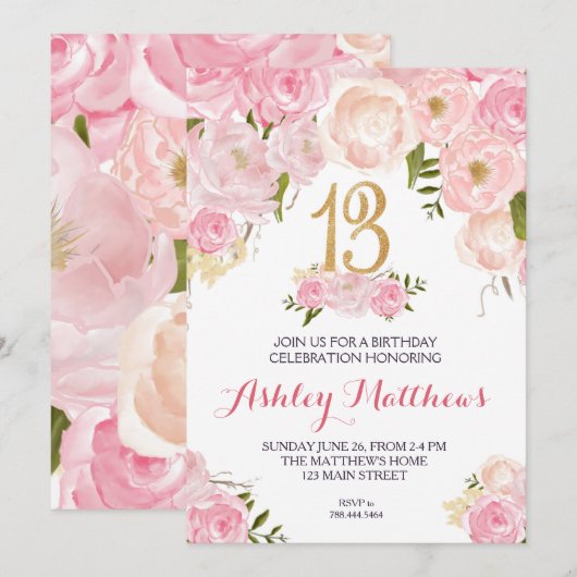 13e verjaardag Floral Invitation, Kaart (Voorkant / Achterkant)