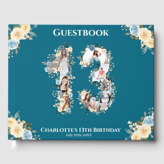 13e verjaardag Foto Blauwgroen Collage Yellow Flow Gastenboek (Voorkant)