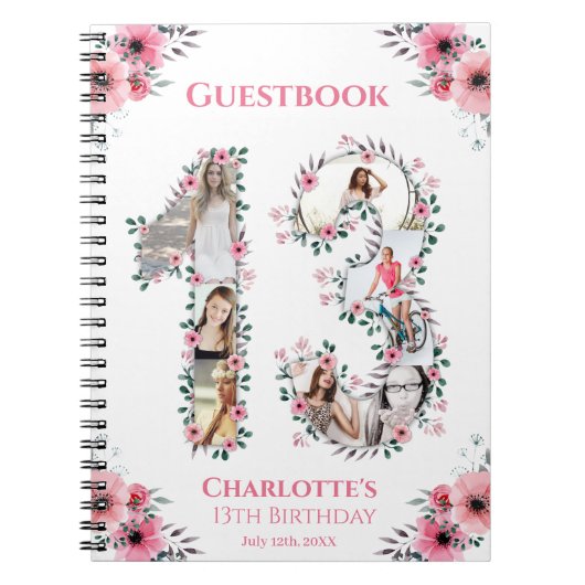 13e verjaardag Foto Collage Pink Flower Guest Book Notitieboek (Voorkant)