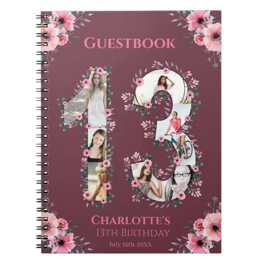 13e verjaardag Foto Collage Pink Flower Guest Book Notitieboek (Voorkant)