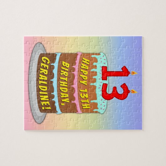 13e verjaardag: Fun Cake and Candles + Custom Name Legpuzzel (Horizontaal)