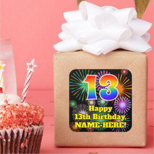 13e verjaardag: Fun Fireworks Kijk, regenboog # 13 Vierkante Sticker