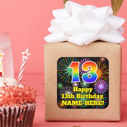 13e verjaardag: Fun Fireworks Kijk, regenboog # 13 Vierkante Sticker (Feest)
