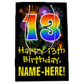 13e verjaardag: Fun Fireworks Pattern + Rainbow 13 Medium Cadeauzakje (Voorkant)
