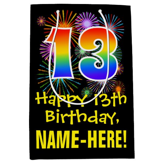 13e verjaardag: Fun Fireworks Pattern + Rainbow 13 Medium Cadeauzakje (Voorkant)