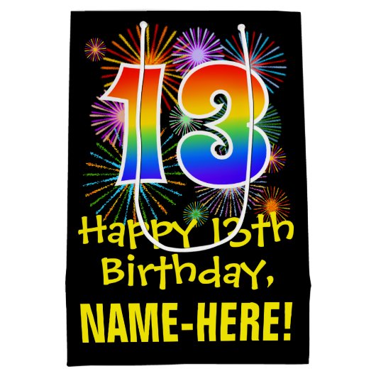 13e verjaardag: Fun Fireworks Pattern + Rainbow 13 Medium Cadeauzakje (Achterkant)