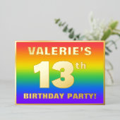 13e verjaardag: Fun, kleurrijk regenboogpatroon Folie Uitnodiging (Staand Voorkant)