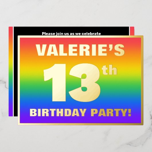 13e verjaardag: Fun, kleurrijk regenboogpatroon Folie Uitnodiging (Voorkant / Achterkant)