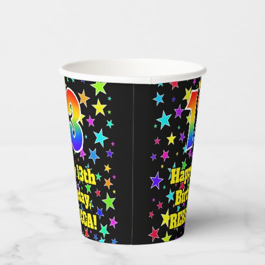 13e verjaardag: Fun Stars Pattern en Rainbow 13 Papieren Bekers (Rechts)