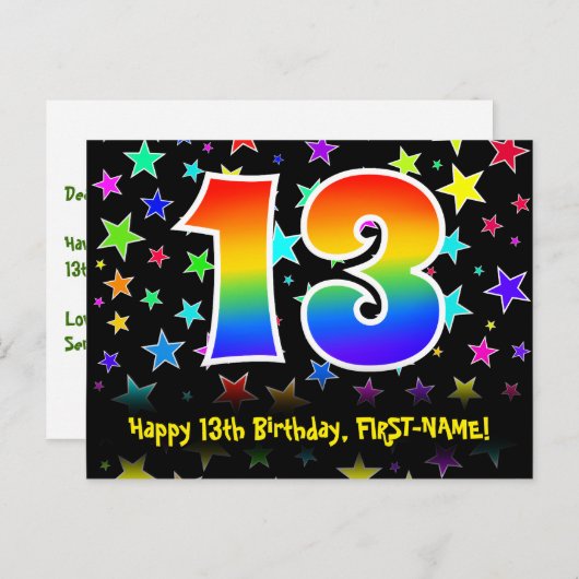 13e verjaardag: Fun Stars Pattern, Rainbow 13, naa Briefkaart (Voorkant / Achterkant)