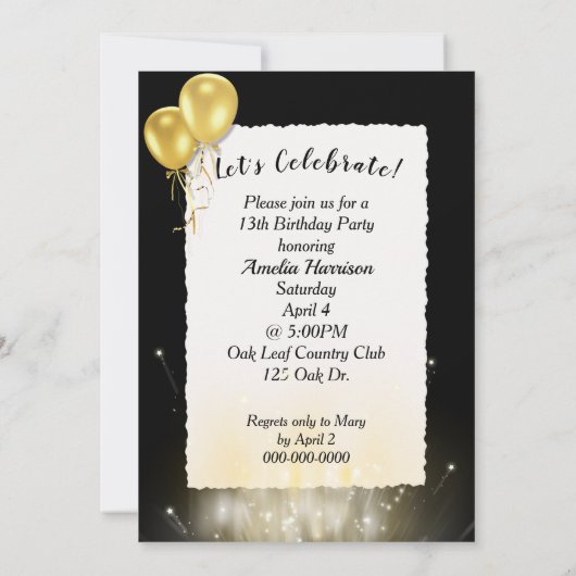 13e verjaardag goudballonnen in witte doos kaart (Achterkant)