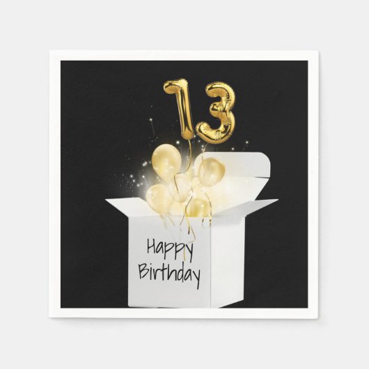 13e verjaardag goudballonnen in witte doos servet (Voorkant)