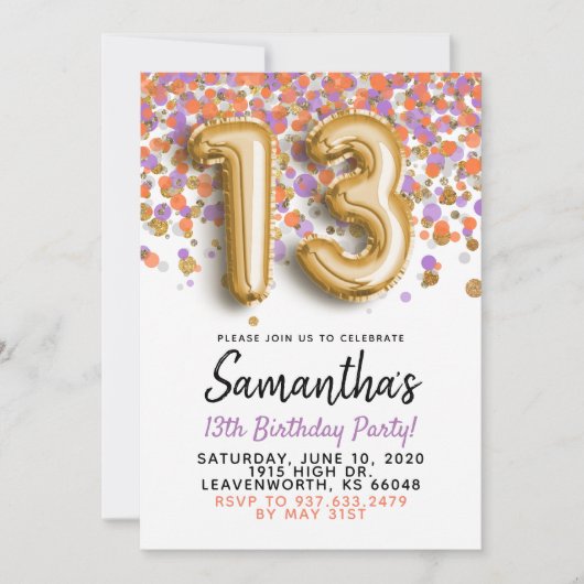 13e verjaardag gouden confetti uitnodiging (Voorkant)