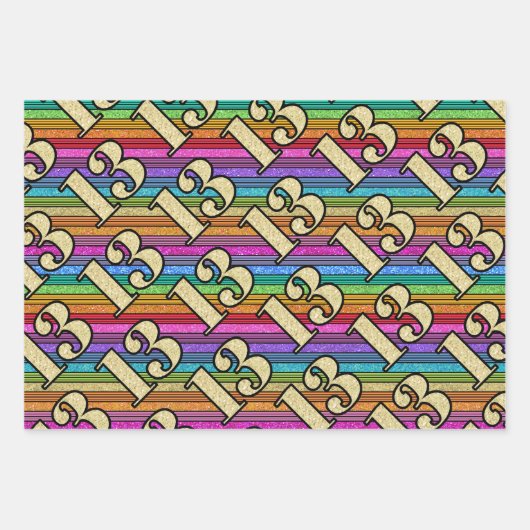 13e Verjaardag Gouden Getallen Regenboog Streep Gl Inpakpapier Vel (Voorkant)