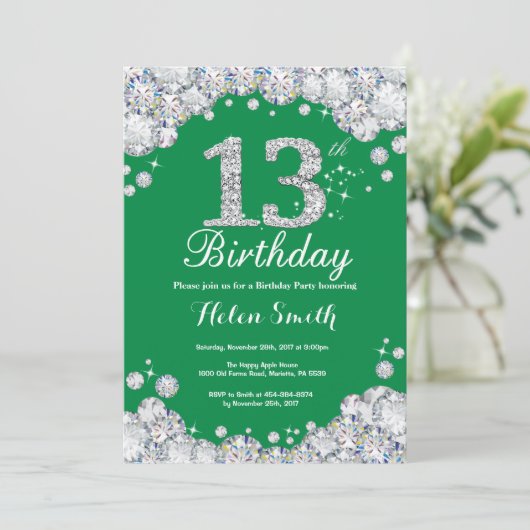 13e verjaardag groene en Silver Diamond Kaart (Staand voorkant)
