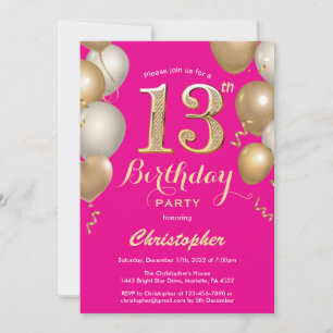 13e verjaardag Hot Pink en Gold Balloons Confetti Kaart