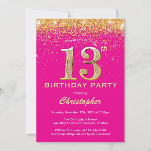 13e verjaardag Hot Pink en Gold Glitter Confetti Kaart (Voorkant)