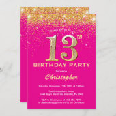 13e verjaardag Hot Pink en Gold Glitter Confetti Kaart (Voorkant / Achterkant)