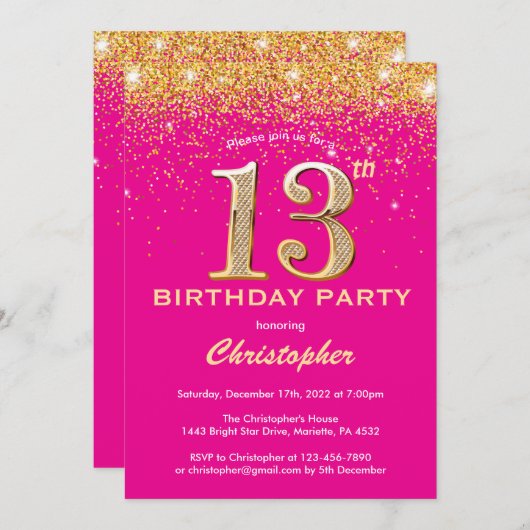 13e verjaardag Hot Pink en Gold Glitter Confetti Kaart (Voorkant / Achterkant)