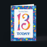13e verjaardag Kaart voor Son, Stripes and Stars<br><div class="desc">Een heldere en kleurrijke 13e Verjaardag Kaart voor een Zoon,  met gestreepte cijfers en een sterrenrand,  van een digitaal ontwerp van Judy Adamson. U kunt het bericht aan de binnenkant wijzigen als u dat wenst.</div>
