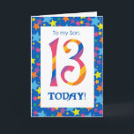 13e verjaardag Kaart voor Son, Stripes and Stars<br><div class="desc">Een heldere en kleurrijke 13e Verjaardag Kaart voor een Zoon,  met gestreepte cijfers en een sterrenrand,  van een digitaal ontwerp van Judy Adamson. U kunt het bericht aan de binnenkant wijzigen als u dat wenst.</div>