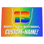 13e verjaardag: kleurrijk, vun regenboogpatroon # groot cadeauzakje (Voorkant)