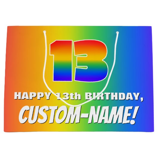 13e verjaardag: kleurrijk, vun regenboogpatroon # groot cadeauzakje (Voorkant)