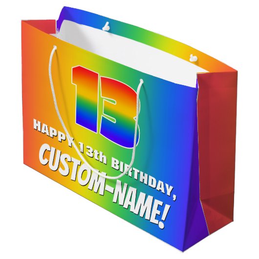 13e verjaardag: kleurrijk, vun regenboogpatroon # groot cadeauzakje (Achterkant Gekanteld)