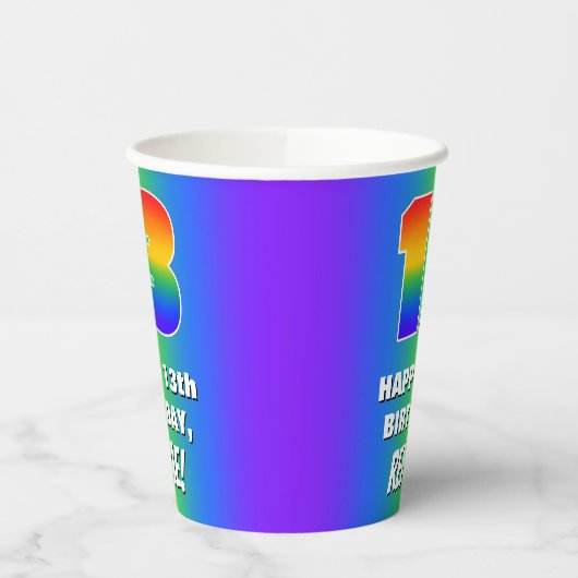 13e verjaardag: kleurrijk, vun regenboogpatroon # papieren bekers (Links)