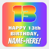 13e verjaardag: kleurrijk, vun regenboogpatroon #  vierkante sticker (Voorkant)