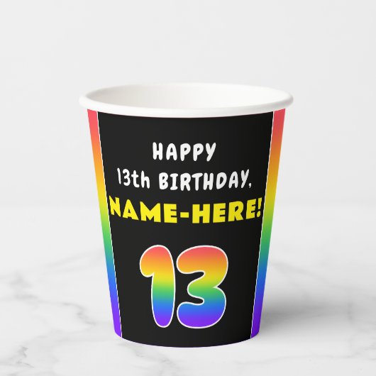 13e verjaardag: kleurrijke regenboog # 13, Naam va Papieren Bekers (Voorkant)